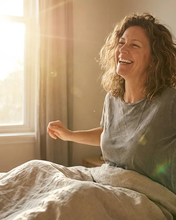 Mujer sonriendo en la cama por la mañana