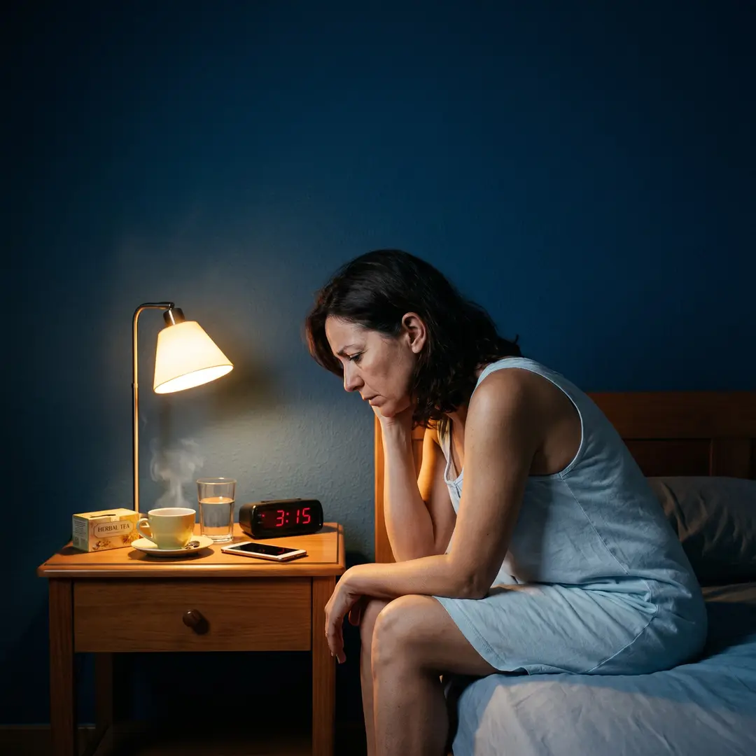 Mujer despierta de madrugada junto a una infusión
