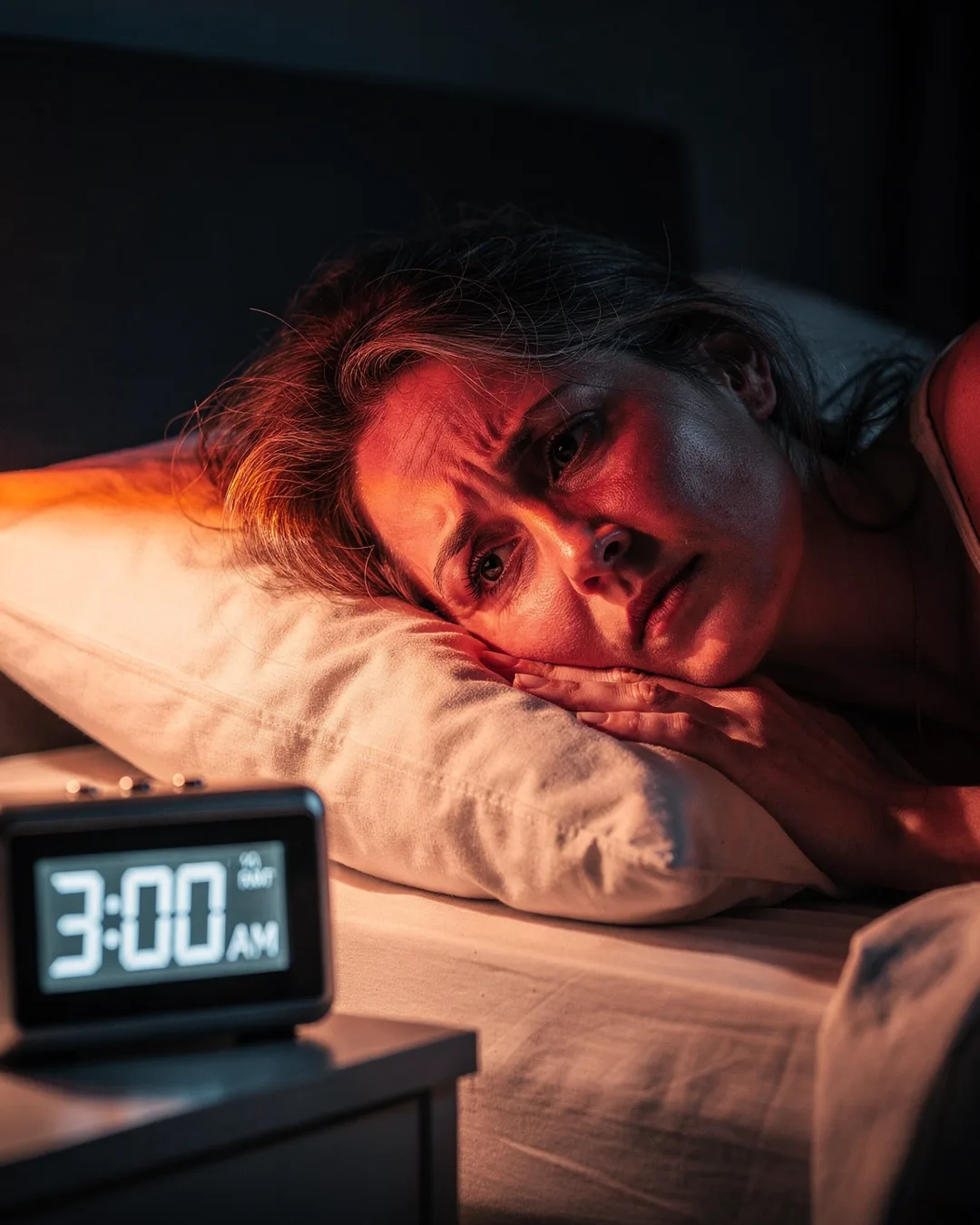 Mujer despierta de madrugada en la cama junto a un despertador